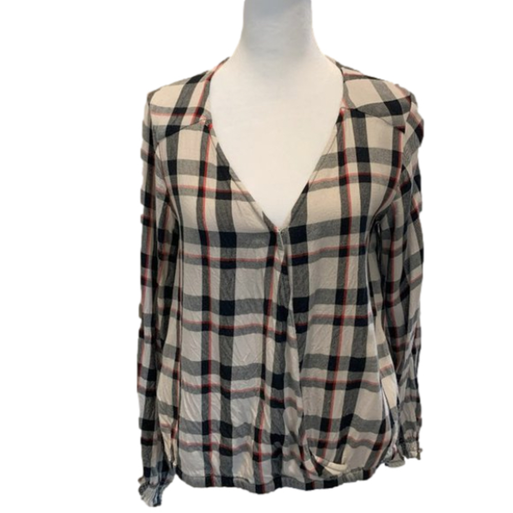 Sanctuary red/black/white, V-Neck long sleeve shirt, gathered at waist &wrist XS